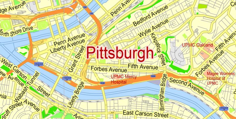 Printable Map Pittsburgh Metro Area, Pennsylvania, US, exact vector City Plan scale 1:57174, full editable, Adobe Illustrator, scalable, editable, text format  street names, 12 mb ZIP