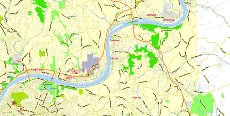 Printable Map Pittsburgh Metro Area, Pennsylvania, US, exact vector City Plan scale 1:57174, full editable, Adobe Illustrator, scalable, editable, text format  street names, 12 mb ZIP
