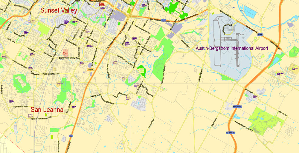 Editable Printable Map Travis County + Austin, Texas US, exact detailed vector Map Scale 100 meters, 1:64878, Adobe Illustrator, scalable, editable text format  street names, 15 mb ZIP