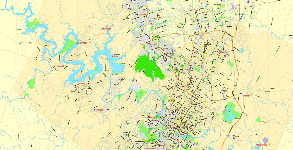 Editable Printable Map Travis County + Austin, Texas US, exact detailed vector Map Scale 100 meters, 1:64878, Adobe Illustrator, scalable, editable text format  street names, 15 mb ZIP
