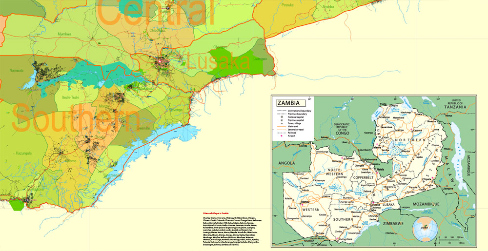 Printable Exact Detailed Map Zambia Admin, Roads, Cities, Towns, Railroads, Water objects Adobe Illustrator, 31 mb ZIP Map for publishing, design, printing