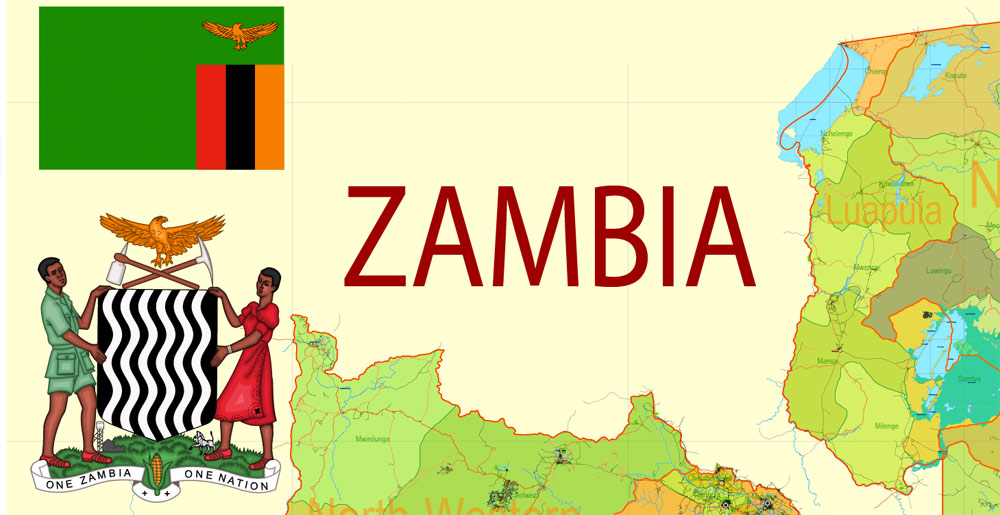 Printable Exact Detailed Map Zambia Admin, Roads, Cities, Towns, Railroads, Water objects Adobe Illustrator, 31 mb ZIP Map for publishing, design, printing