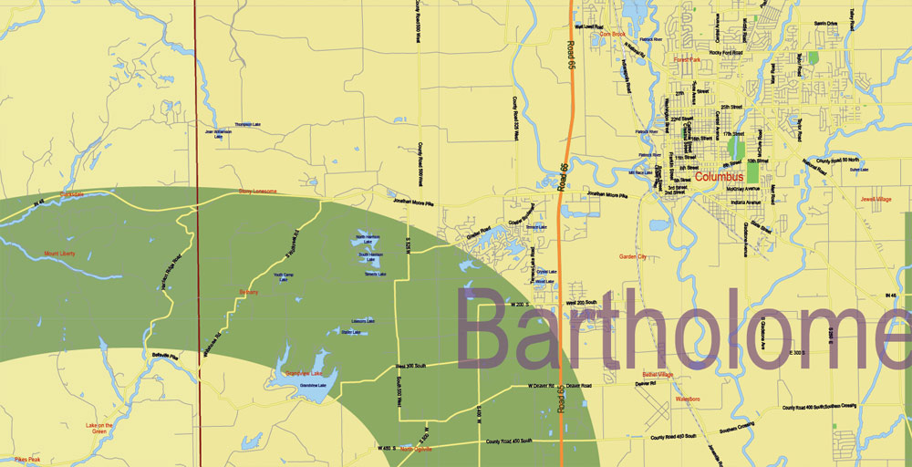 Printable Map area 120 miles radius of Evansville Indiana US, exact vector City Plan Map scale 1:59203 full editable, Adobe Illustrator