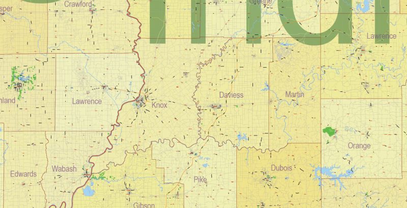 Printable Map area 120 miles radius of Evansville Indiana US, exact vector City Plan Map scale 1:59203 full editable, Adobe Illustrator
