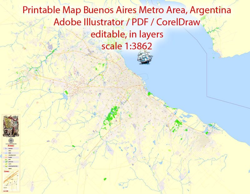 Printable Vector Map Buenos Aires Metropolitan Area, exact detailed City Plan, 100 meters scale map 1:3862, editable Layered Adobe Illustrator