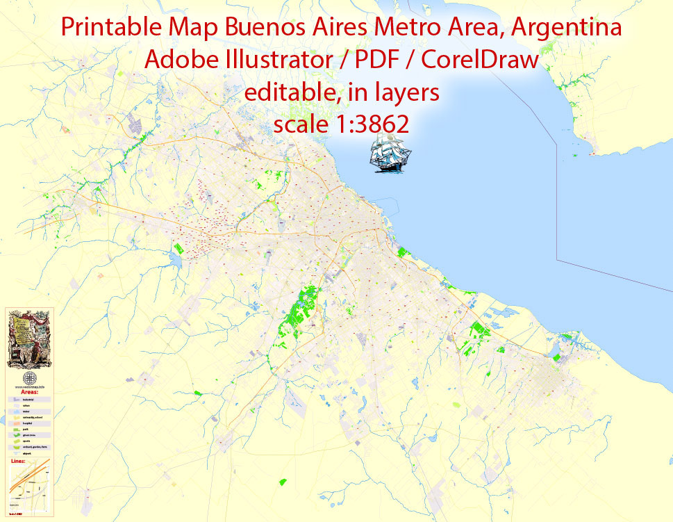 Printable Vector Map Buenos Aires Metropolitan Area, exact detailed City Plan, 100 meters scale map 1:3862, editable Layered Adobe Illustrator