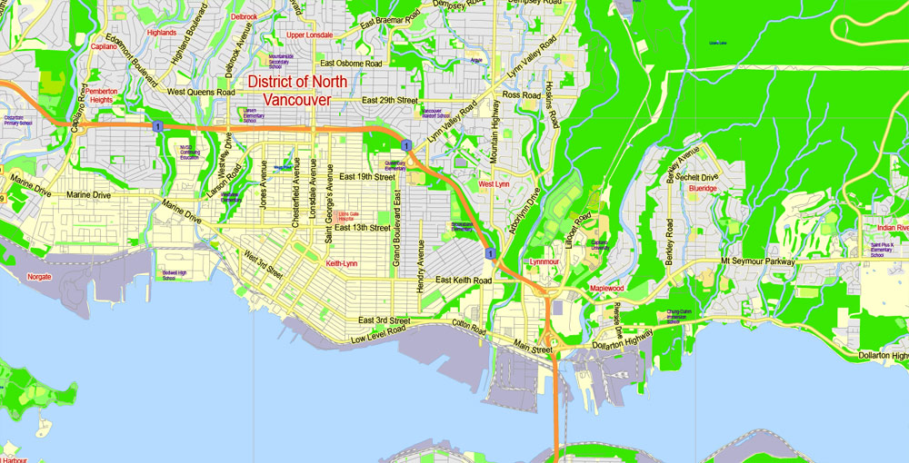 Printable Map British Columbia South-West part, Canada, exact vector in layers scale 1:48854, full editable, Adobe Illustrator, scalable, editable, text format  all names, 41 mb ZIP