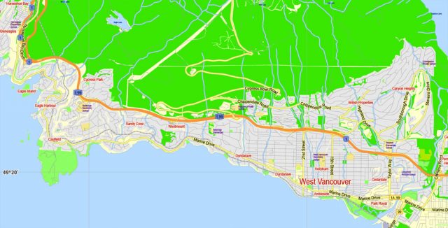 British Columbia South-West part Printable Map, Canada, exact vector in ...