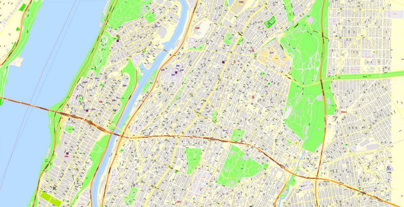 Printable Map New York City, US, exact detailed City Plan scale 100 meters 1:3556 ALL Buildings, full editable Vector, AutoCAD DXF, scalable,  67 mb ZIP
