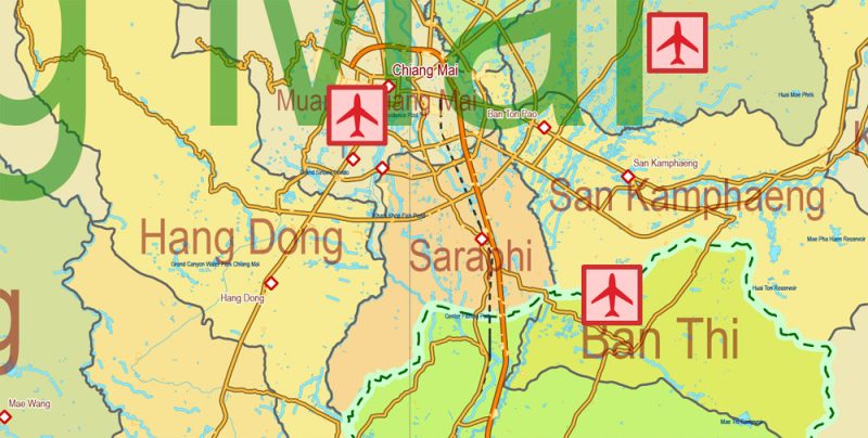 Printable Exact Detailed Map Thailand Admin, Roads, Cities, Towns, Railroads, Water, Airports in Adobe Illustrator