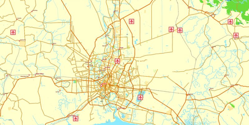 Printable Exact Detailed Map Thailand Admin, Roads, Cities, Towns, Railroads, Water, Airports in Adobe Illustrator