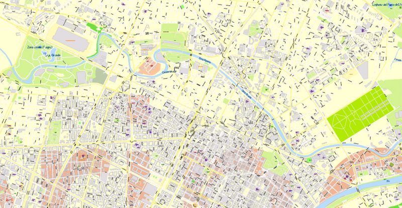 Printable Vector Map Turin / Torino Metro Area, Italy, exact detailed City Plan all Buildings, 100 meters scale map 1:3318, editable Layered Adobe Illustrator, 26 Mb ZIP