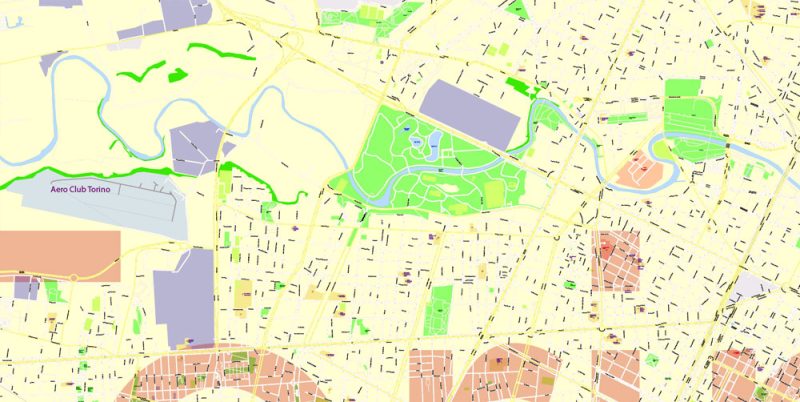Printable Vector Map Turin / Torino Metro Area, Italy, exact detailed City Plan, 100 meters scale map 1:3318, editable Layered Adobe Illustrator, 20 Mb ZIP