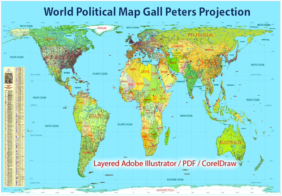 printable world political map gall peters projection adobe illustrator