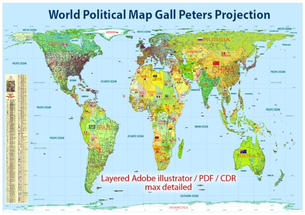 World Political Map extra detailed in Peters Projection full editable, Adobe Illustrator