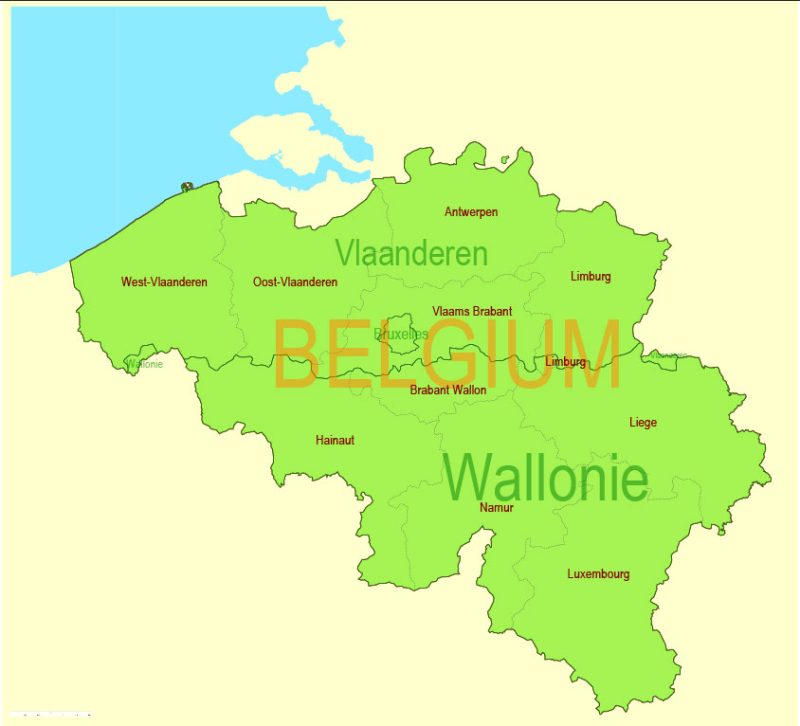 Printable Vector Map Belgium Admin, exact Mercator Projection, editable Layered Adobe Illustrator, 1 Mb ZIP. Exact boundaries Country, Provinces and Counties with names