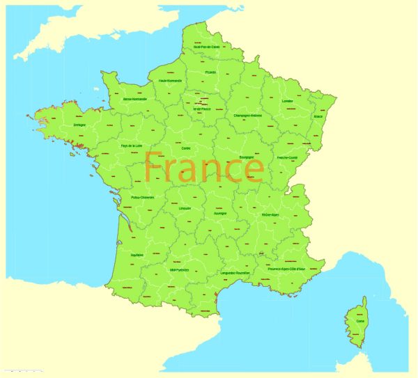 Printable Vector Map France Admin, exact Mercator Projection, editable Layered Adobe Illustrator, 9 Mb ZIP
