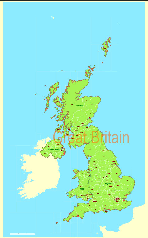 Admin Map UK Great Britain Printable Vector, exact Mercator Projection, editable Layered Adobe Illustrator, 20 Mb ZIP