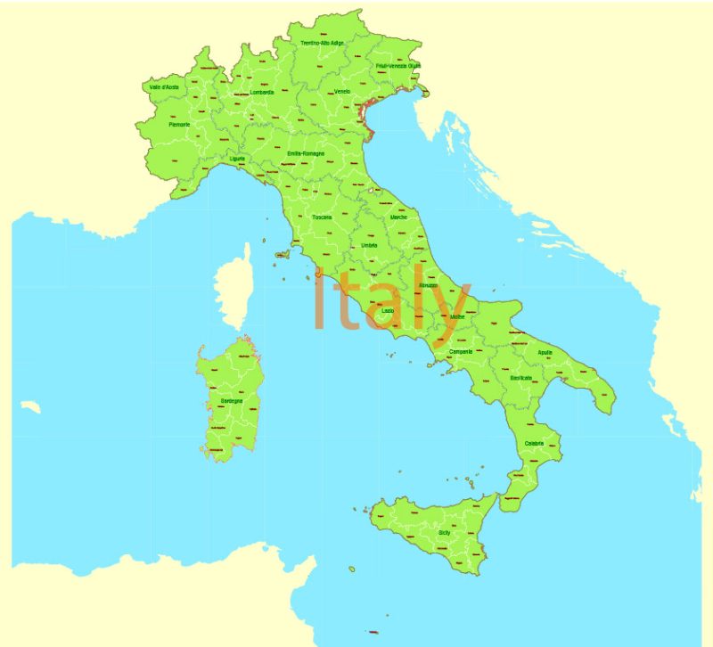 Admin Map Italy Printable Vector, exact Mercator Projection, editable Layered Adobe Illustrator, 10 Mb ZIP