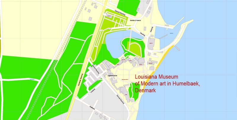 Printable Vector Map Louisiana Museum of Modern art in Humelbaek, Denmark, exact detailed City Plan, 100 meters scale map 1:2628, editable Layered DWG + DXF + PDF, 57 Mb ZIP