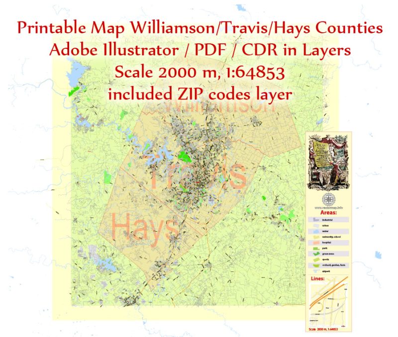 Editable Printable Map Williamson + Travis + Hays Counties + Austin, Texas US, exact detailed vector Map Scale 2000 meters, 1:64853, Adobe Illustrator