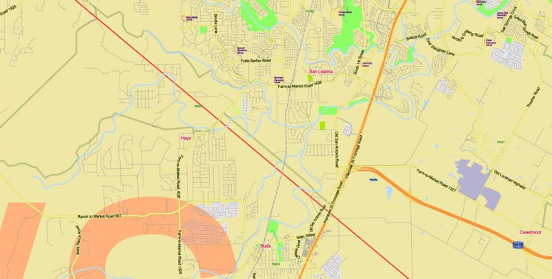 Editable Printable Map Williamson + Travis + Hays Counties + Austin, Texas US, exact detailed vector Map Scale 2000 meters, 1:64853, Adobe Illustrator