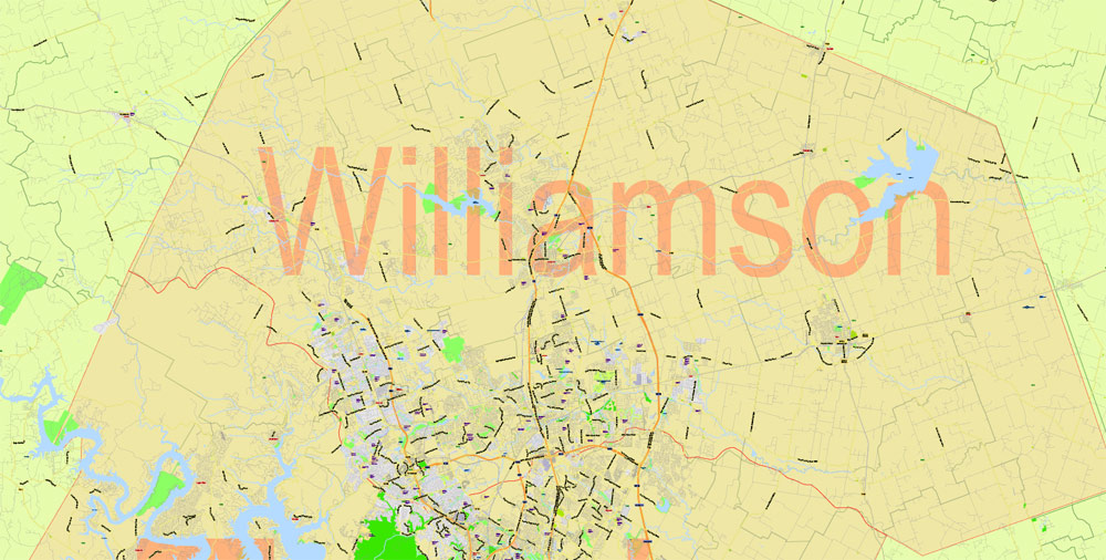 Williamson PDF Map + Travis PDF Map + Hays Counties PDF Map + Austin PDF Map, Texas US, exact detailed Editable Printable vector Map Scale 1:64853, Adobe PDF Road Map