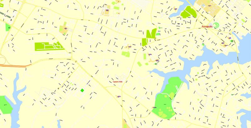 Printable Map Annapolis and Neighborhoods, Maryland US, exact vector City Plan scale 1:3649, full editable, Adobe Illustrator