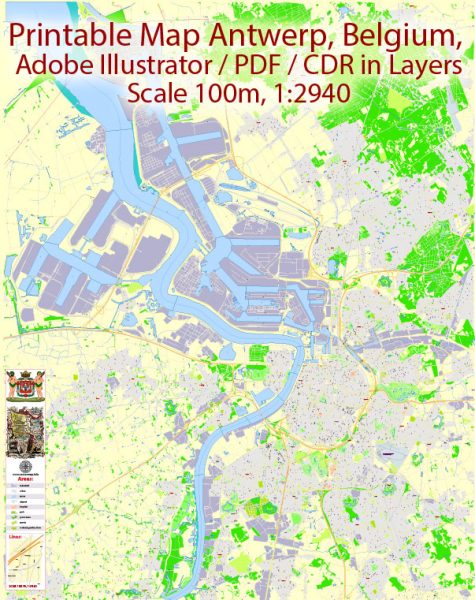 Printable Vector Map Antwerp Belgium, exact detailed City Plan, 100 meters scale map 1:2940, editable Layered Adobe Illustrator, 11 Mb ZIP
