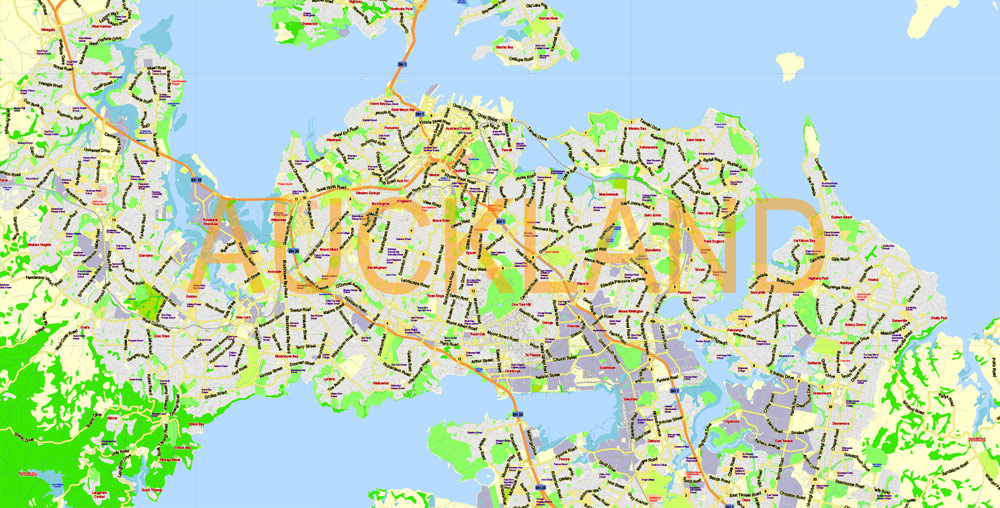 Map Auckland New Zealand Grande Area, exact vector City Plan  scale 1:60200  full editable Printable Adobe Illustrator