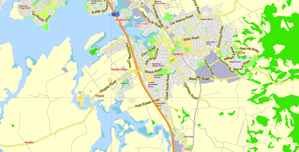 Map Auckland New Zealand Grande Area, exact vector City Plan  scale 1:60200  full editable Printable Adobe Illustrator