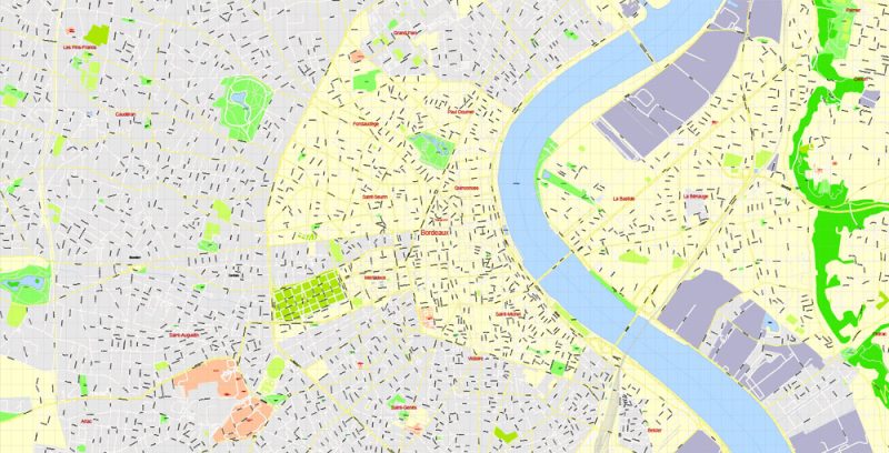 Printable Vector Map Bordeaux France Metro Area, exact detailed City Plan, 100 meters scale map 1:3330, editable Layered Adobe Illustrator, 14 Mb ZIP