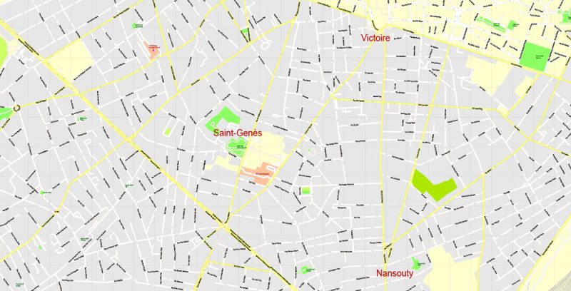 Printable Vector Map Bordeaux France Metro Area, exact detailed City Plan, 100 meters scale map 1:3330, editable Layered Adobe Illustrator, 14 Mb ZIP