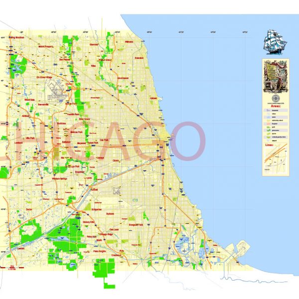 Chicago: Free Vector Map Chicago Illinois US, Adobe Illustrator and PDF in 1 archive