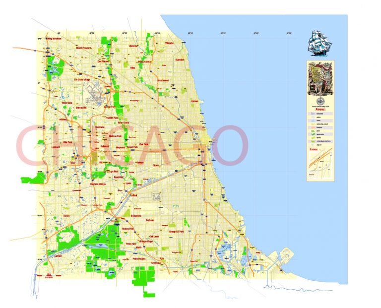 Chicago: Free Vector Map Chicago Illinois US, Adobe Illustrator and PDF ...