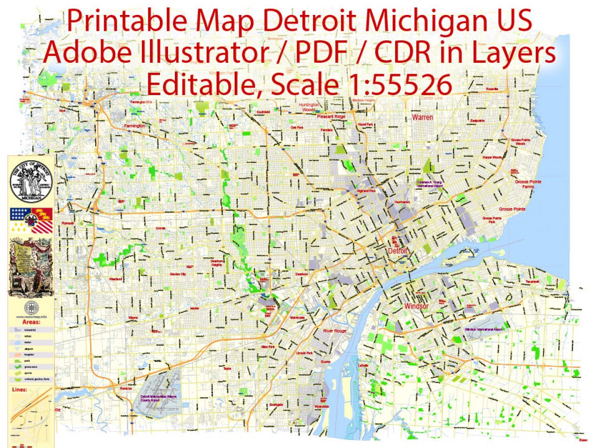 City Map Detroit Vector Urban Plan Adobe Illustrator Editable Street Map