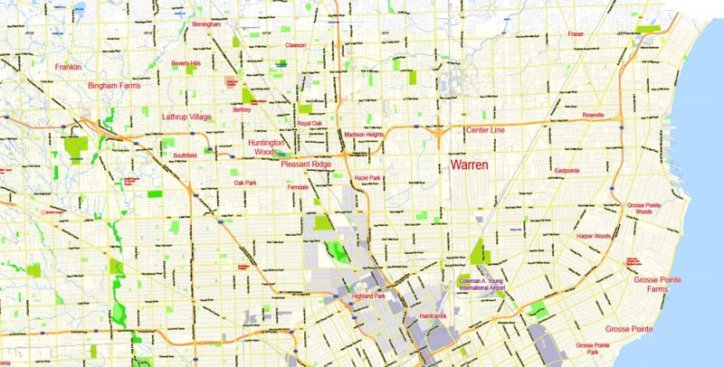 Printable Map Detroit Michigan US, exact vector City Plan  scale 1:55526  full editable, Adobe Illustrator, full vector, scalable, editable text format  street names, 11 mb ZIP