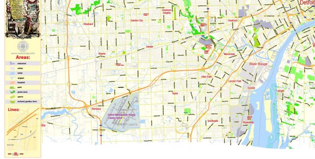 Detroit PDF Map editable Michigan US exact vector City Plan Adobe PDF ...