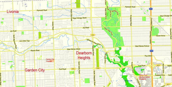 Detroit PDF Map editable Michigan US exact vector City Plan Adobe PDF ...