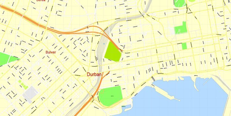Printable Vector Map Durban South Africa, exact detailed City Plan, 100 meters scale map 1:4074, editable Layered Adobe Illustrator