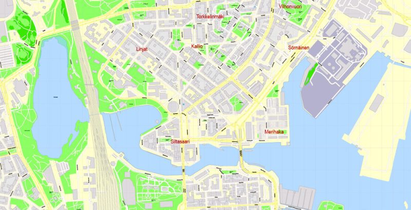 Printable Vector Map Helsinki Finland, exact detailed City Plan all Buildings, 100 meters scale map 1:2333, editable Layered Adobe Illustrator