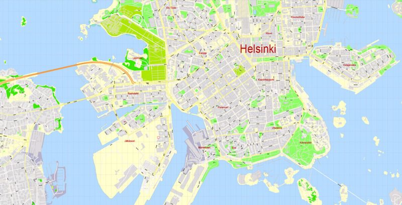 Printable Vector Map Helsinki Finland, exact detailed City Plan all Buildings, 100 meters scale map 1:2333, editable Layered Adobe Illustrator