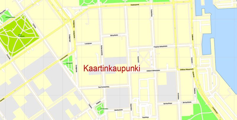 Printable Vector Map Helsinki Finland, exact detailed City Plan, 100 meters scale map 1:2333, editable Layered Adobe Illustrator, 19 Mb ZIP