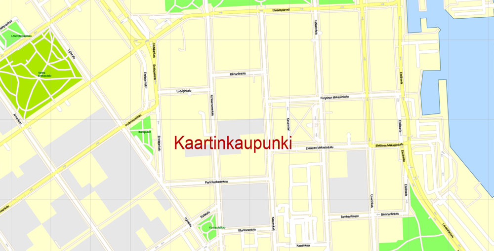 Printable Vector Map Helsinki Finland, exact detailed City Plan, 100 meters scale map 1:2333, editable Layered Adobe Illustrator, 19 Mb ZIP