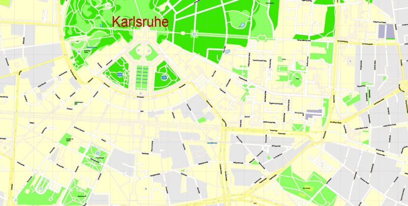 Printable Vector Map Karlsruhe Germany Metro Area, exact detailed City Plan, 100 meters scale map 1:3082, editable Layered Adobe Illustrator, 20 Mb ZIP