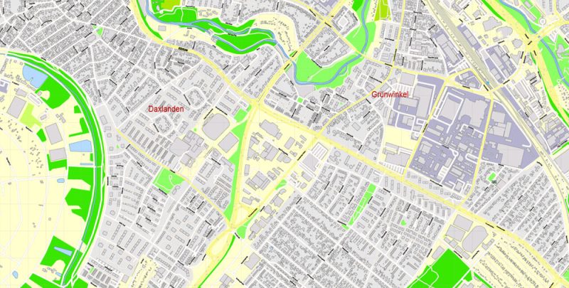 Druckbare Vektorkarte Karlsruhe Deutschland, exakter detaillierter Stadtplan alle Gebäude, 100 Meter Maßstab Karte 1: 3082, editierbarer Layered Adobe Illustrator