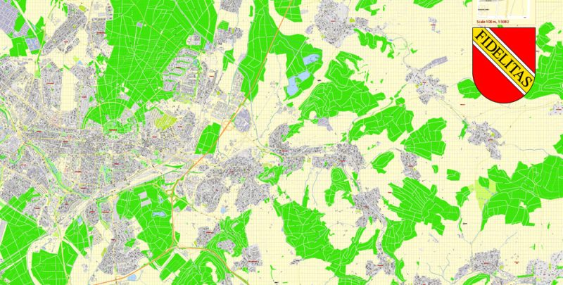 Druckbare Vektorkarte Karlsruhe Deutschland, exakter detaillierter Stadtplan alle Gebäude, 100 Meter Maßstab Karte 1: 3082, editierbarer Layered Adobe Illustrator