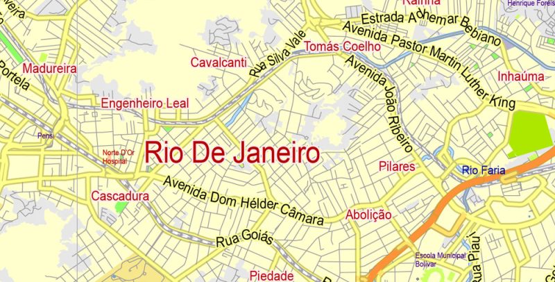 Printable Map Rio de Janeiro Brazil exact vector City Plan scale 1:69266, full editable, Adobe Illustrator, scalable,  text format  street names, 23 mb ZIP
