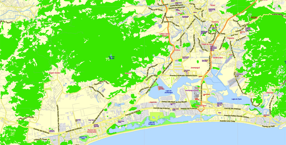 Printable Map Rio de Janeiro Brazil exact vector City Plan scale 1:69266, full editable, Adobe Illustrator, scalable,  text format  street names, 23 mb ZIP