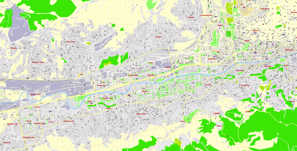 Printable Vector Map Sarajevo all buildings Bosnia and Herzegovina, exact detailed City Plan, 100 meters scale map 1:3387, editable Layered Adobe Illustrator, 14 Mb ZIP